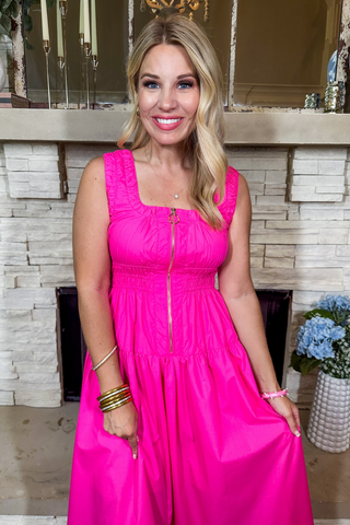 Square Neck Ruched Trim Retro Zip Up Hot Pink Midi Dress