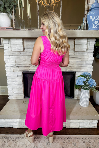 Square Neck Ruched Trim Retro Zip Up Hot Pink Midi Dress
