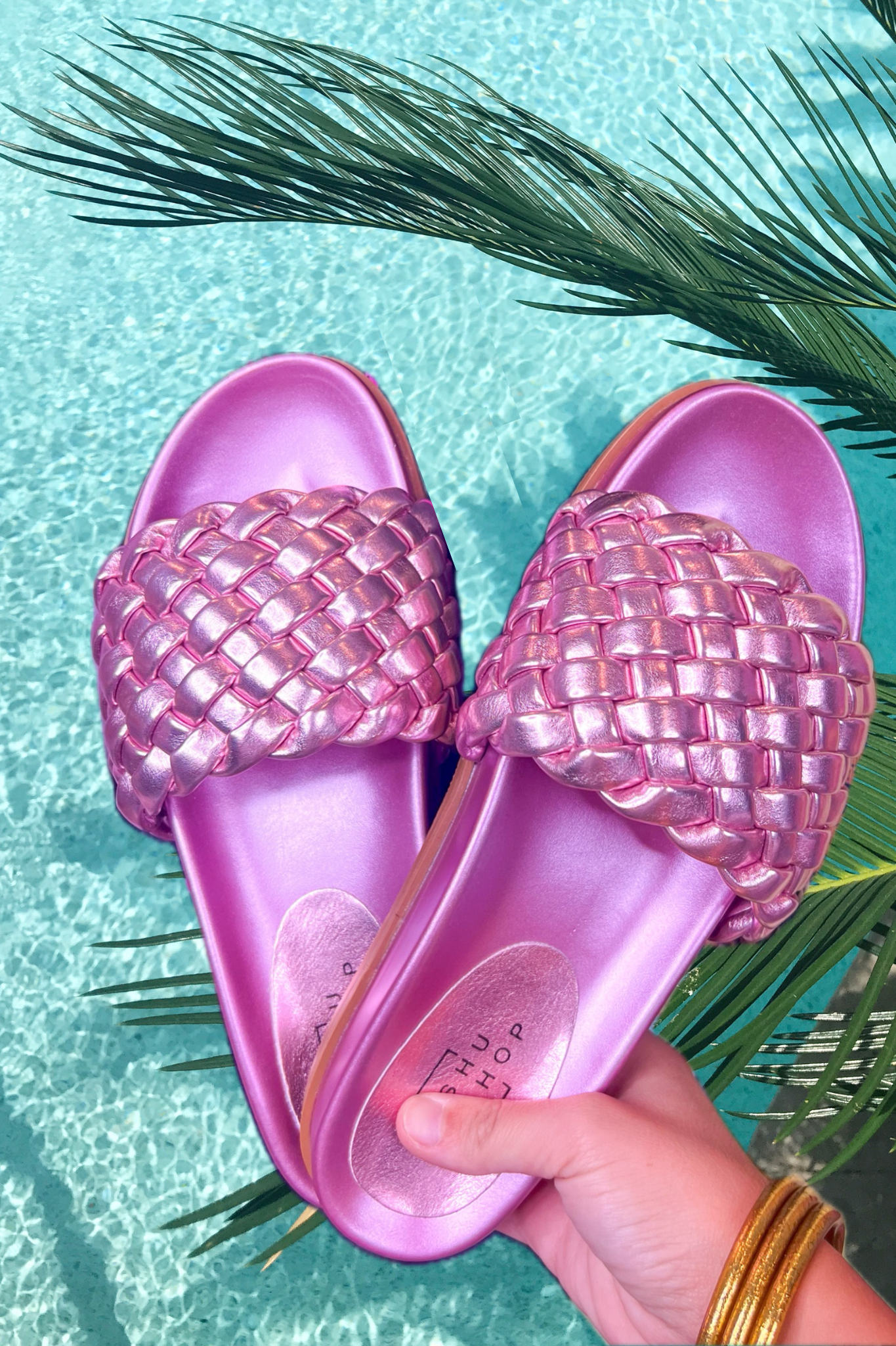Metallic Woven Slip-On ShuShop Sandals in Pink
