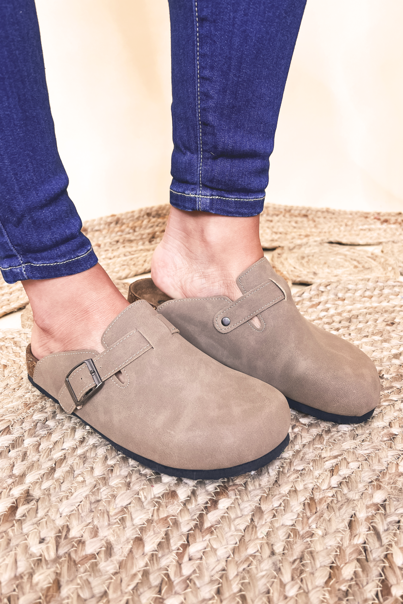The Bria Slip On Flat Clog Mule in Taupe