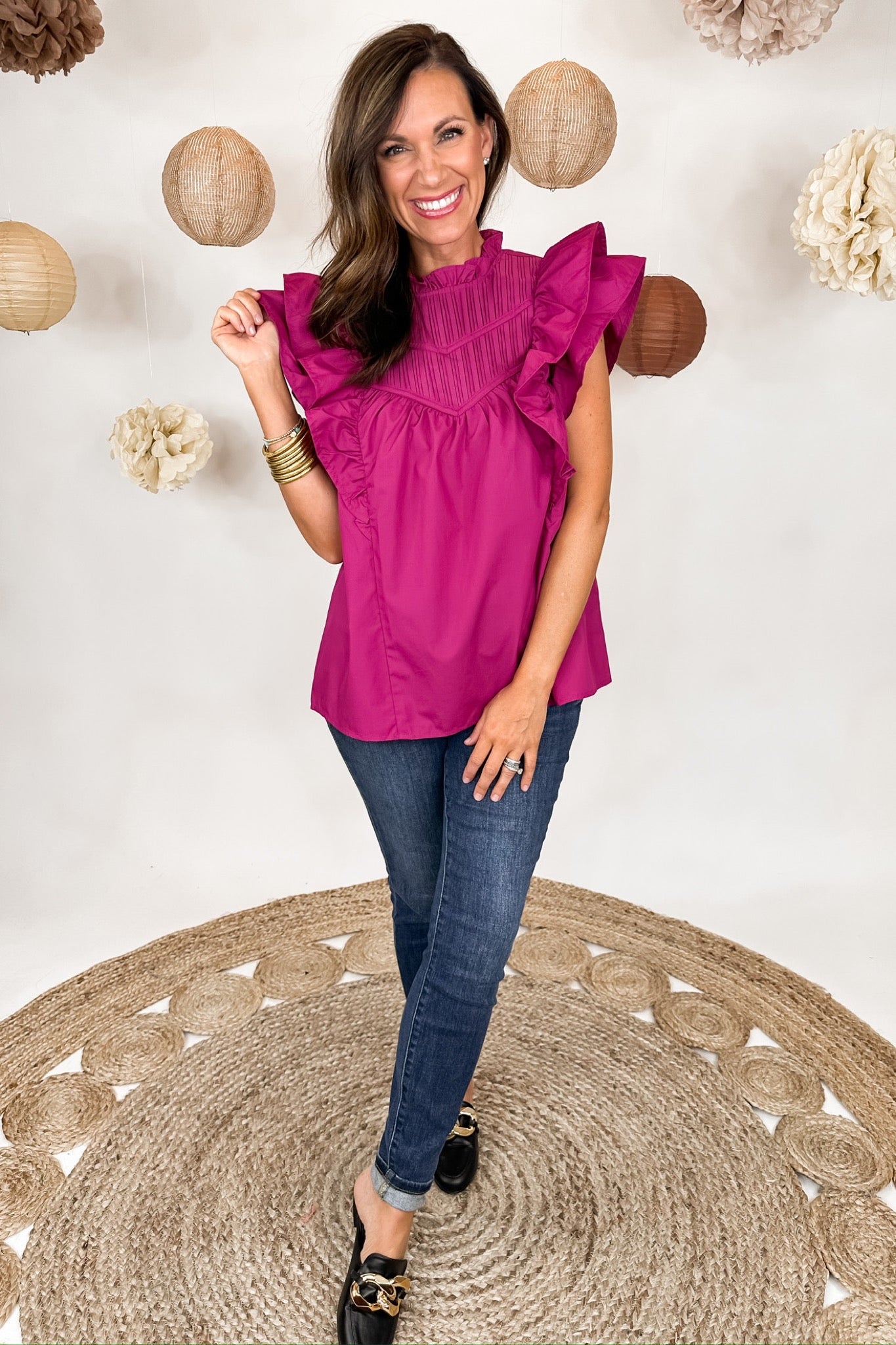 Pleated Magenta Top with Ruffle Sleeves