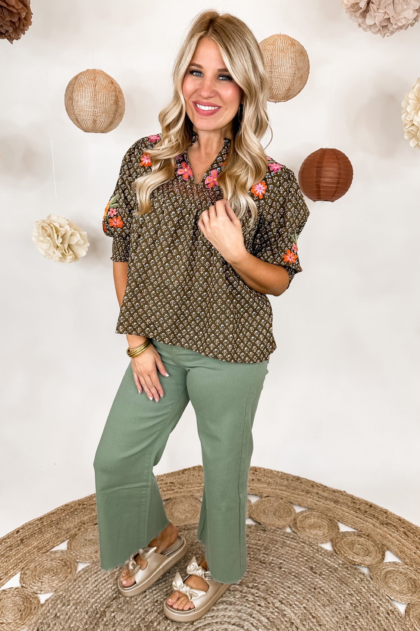 Embroidered Smocked Puff Sleeve Top by THML