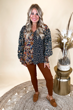 Load image into Gallery viewer, Mixed Print V Neck Balloon Sleeve Fall Top
