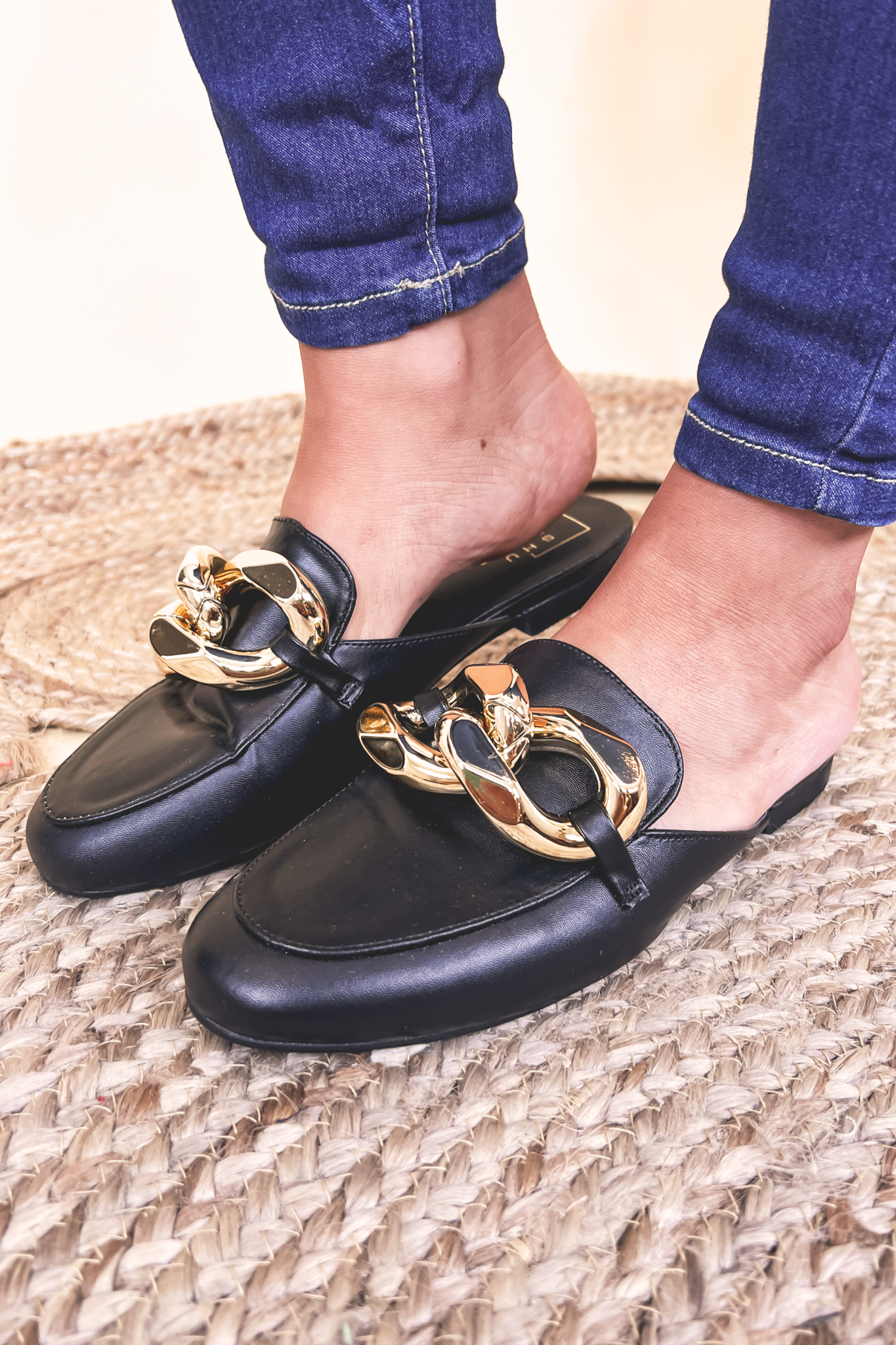 The Alexis Gold Chain Leather Slip On Mule by ShuShop in Black