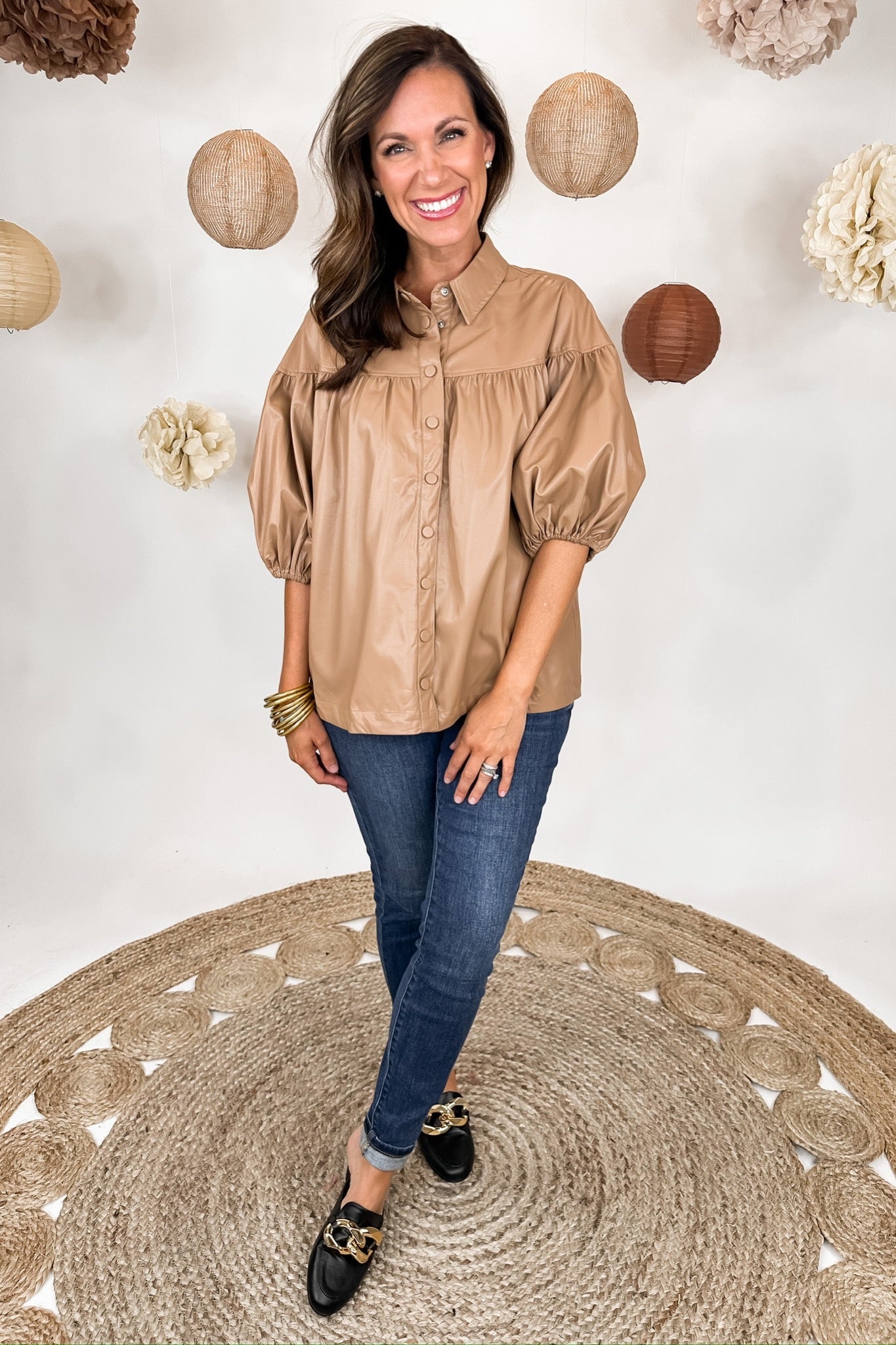 Leather Button Front Top with Bubble Sleeves in Beige