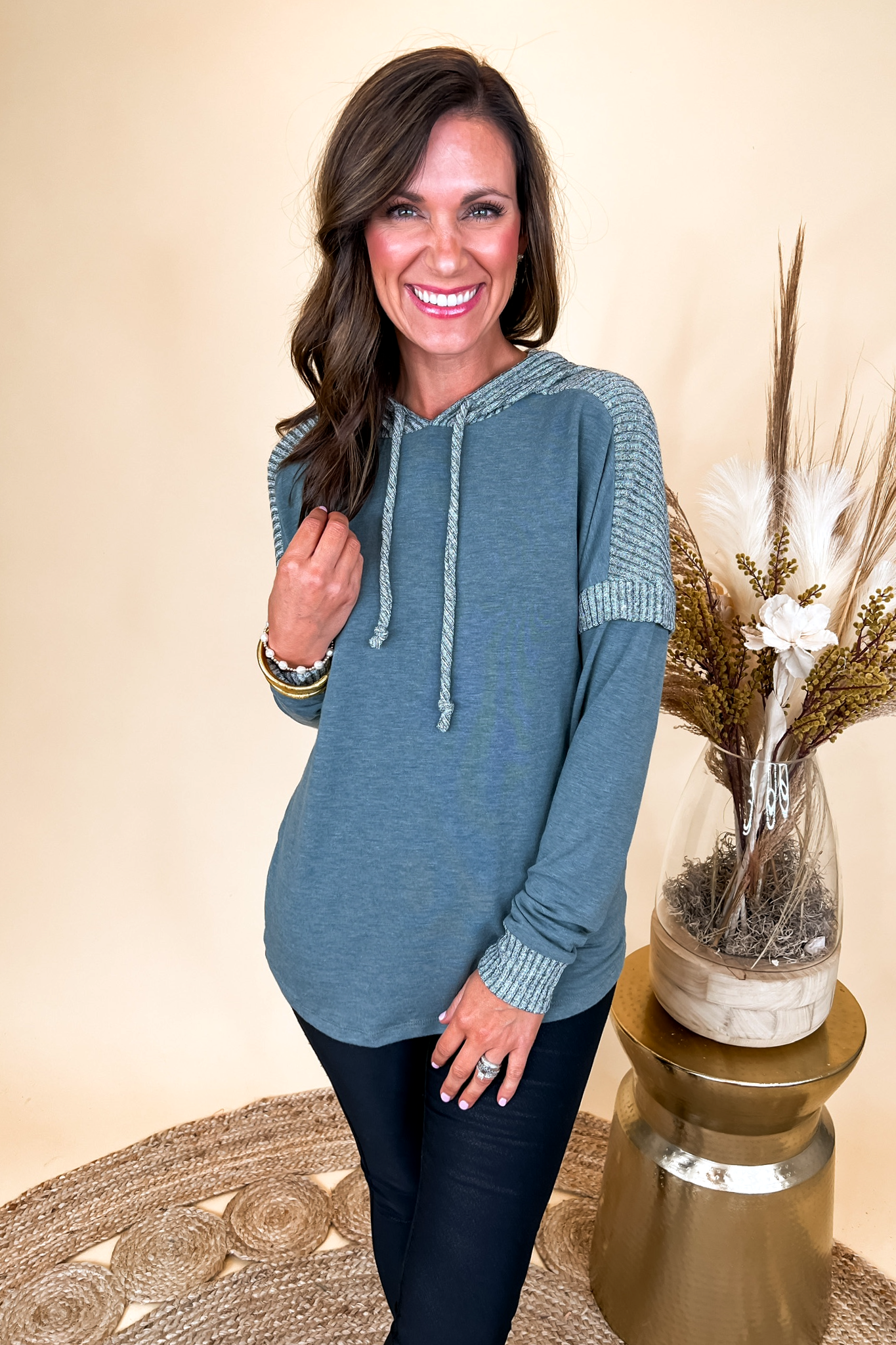 Hooded Forest Green Textured Long Sleeve Top