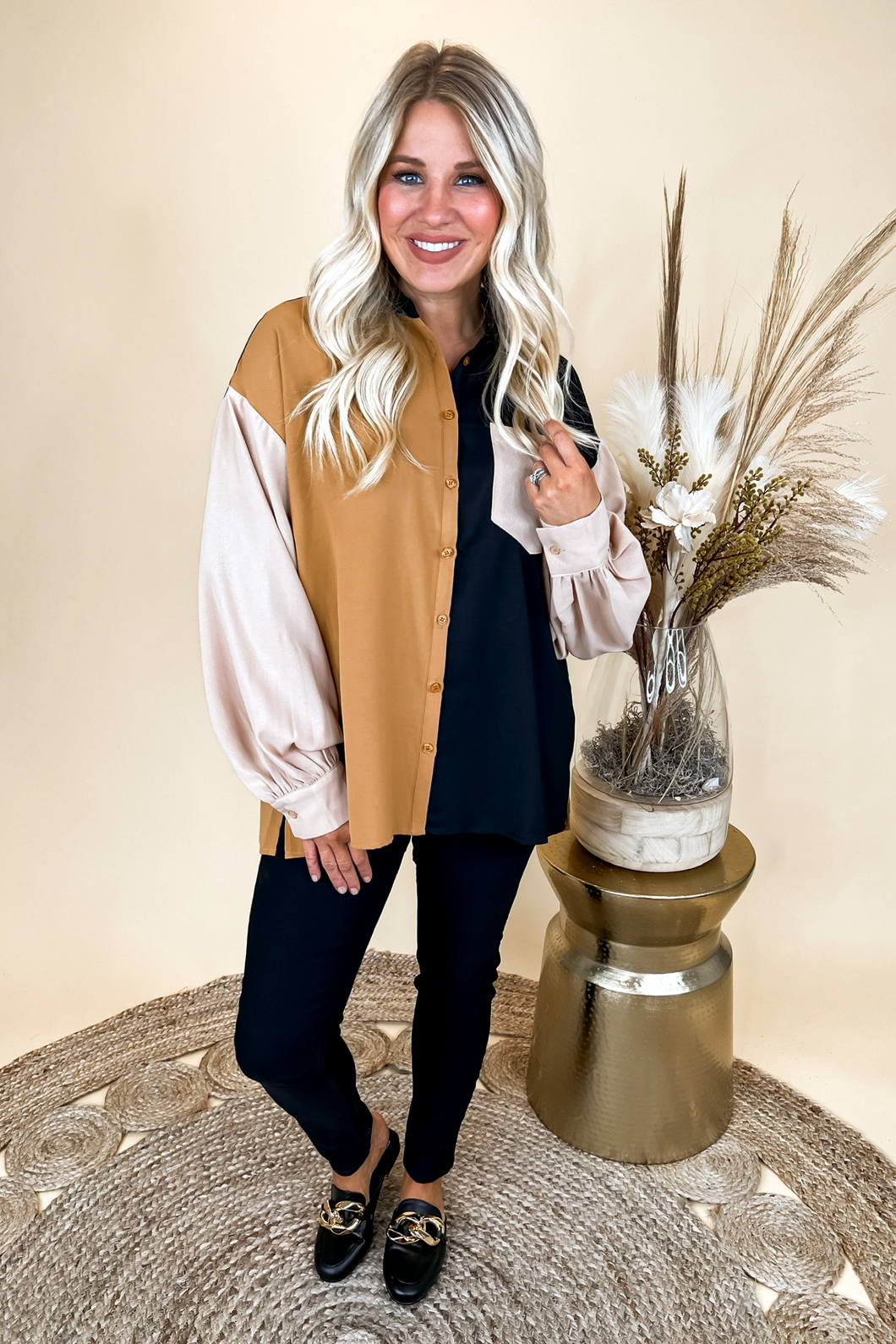 Gold, Taupe & Black Color Block Button Down Top