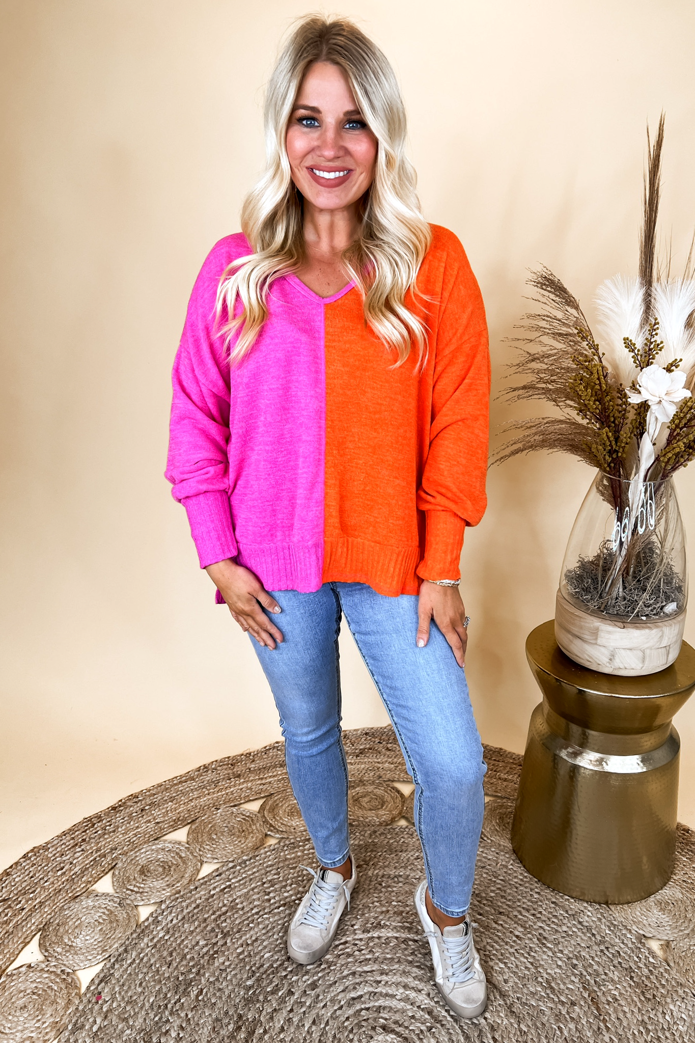 Lightweight Pink & Orange Colorblock V Neck Sweater