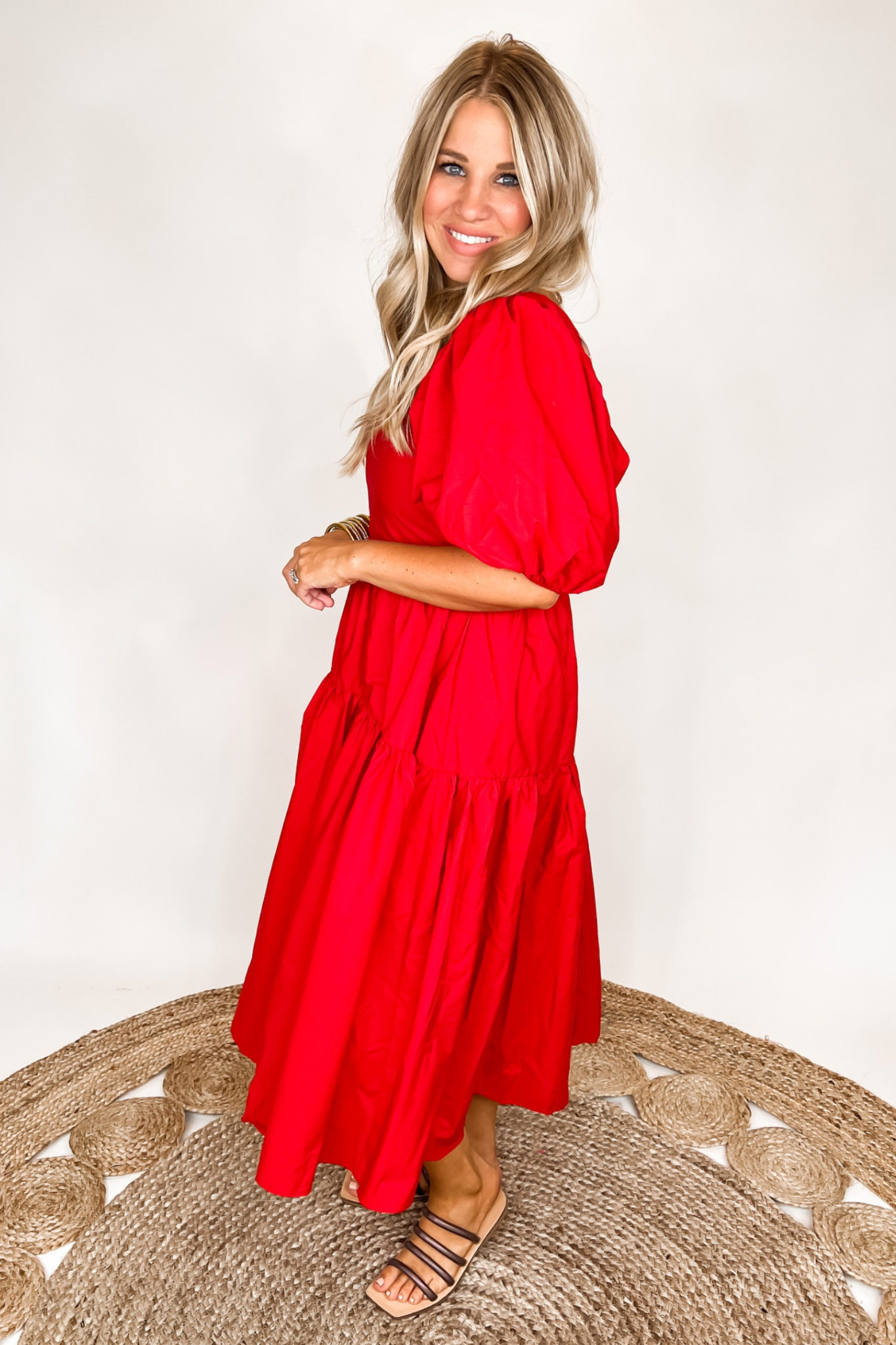 The Red Zone Tiered Puff Sleeve Midi Dress