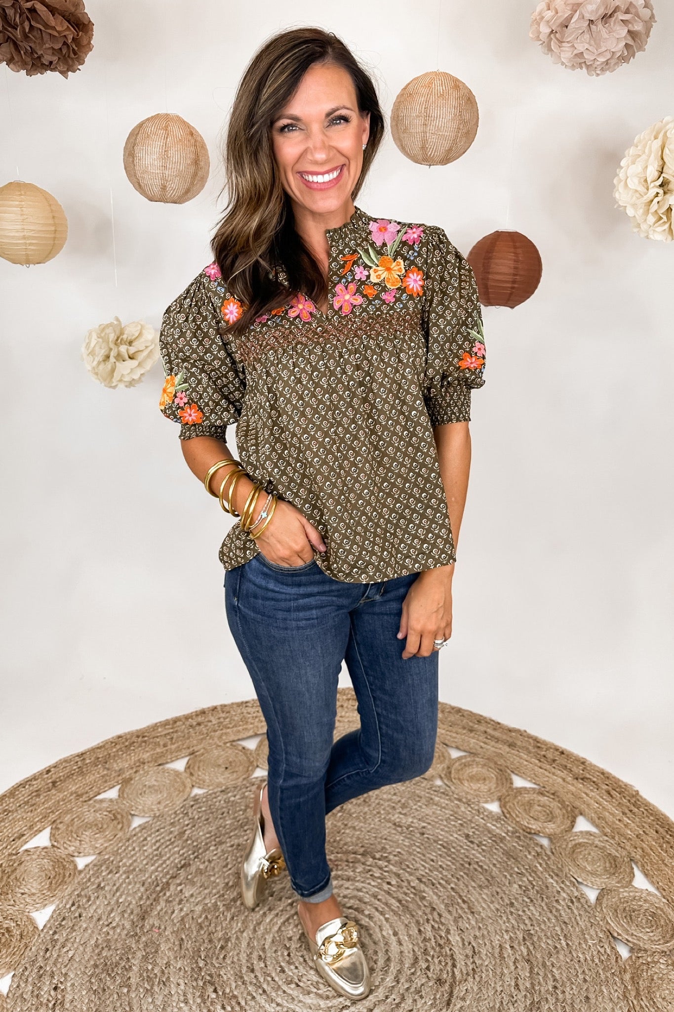 Embroidered Smocked Puff Sleeve Top by THML
