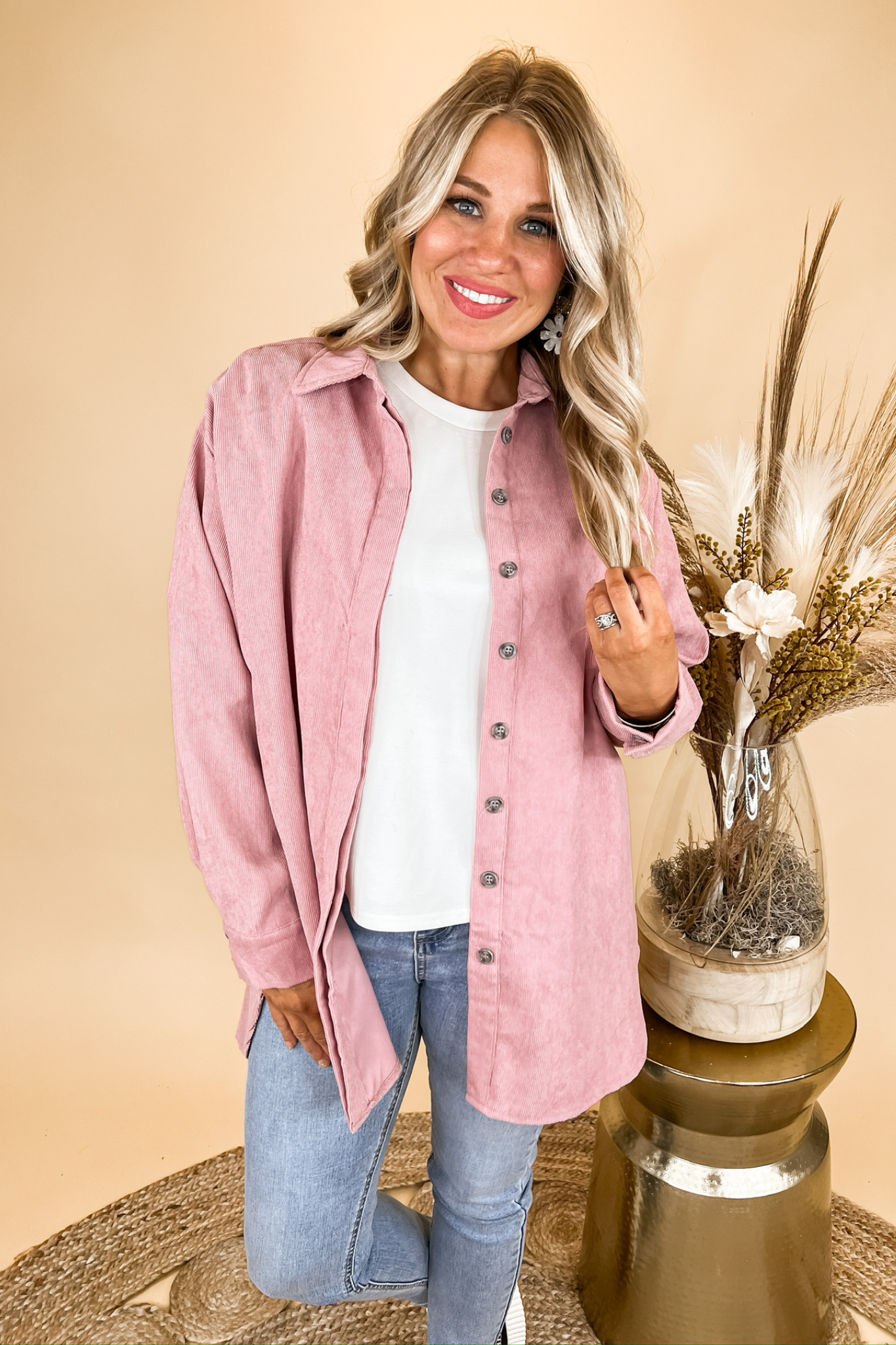 Button Front Pink Corduroy Long Sleeve Top