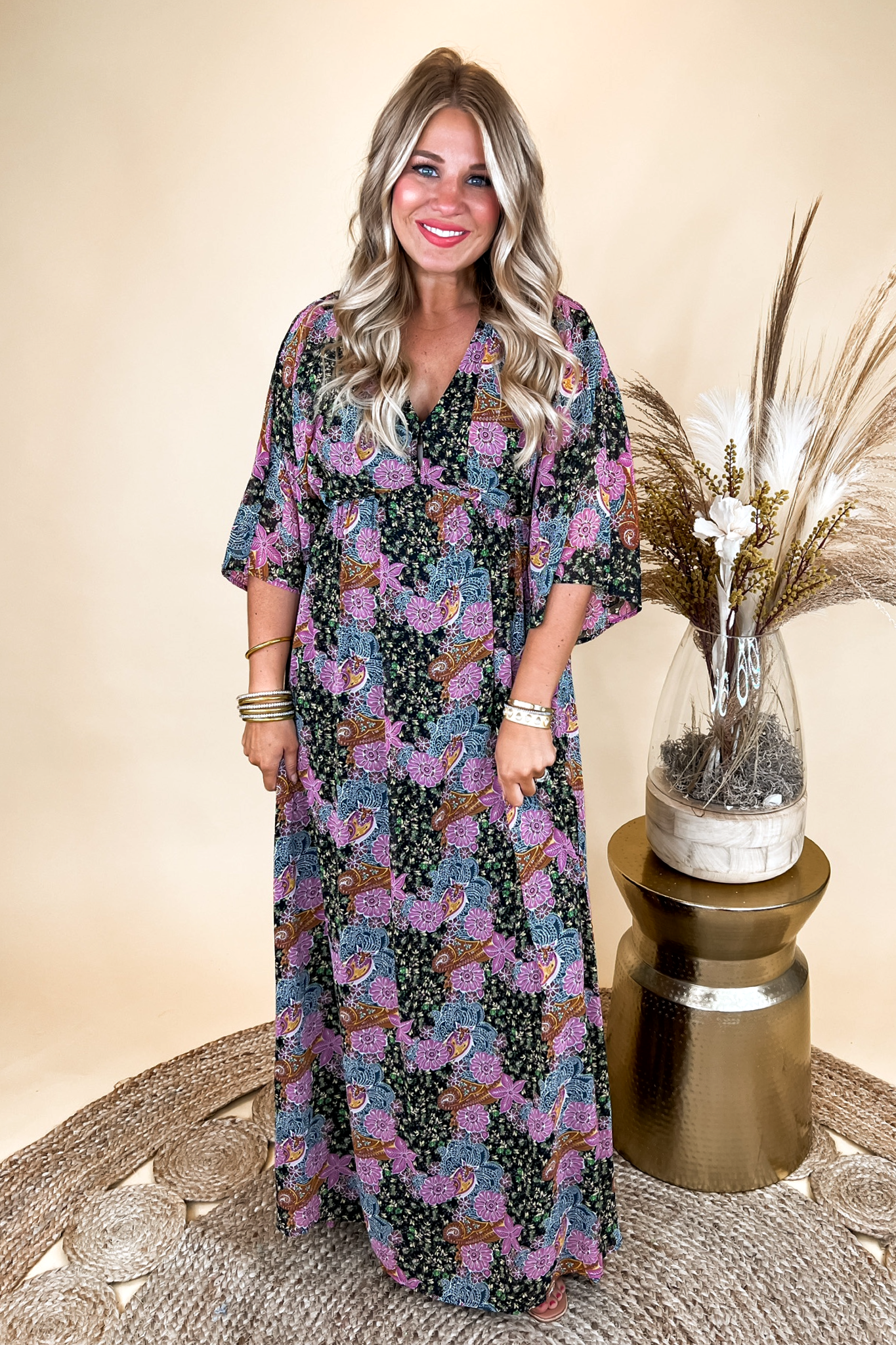 Paisley Floral Cape Sleeve Lined Maxi Dress in Magenta