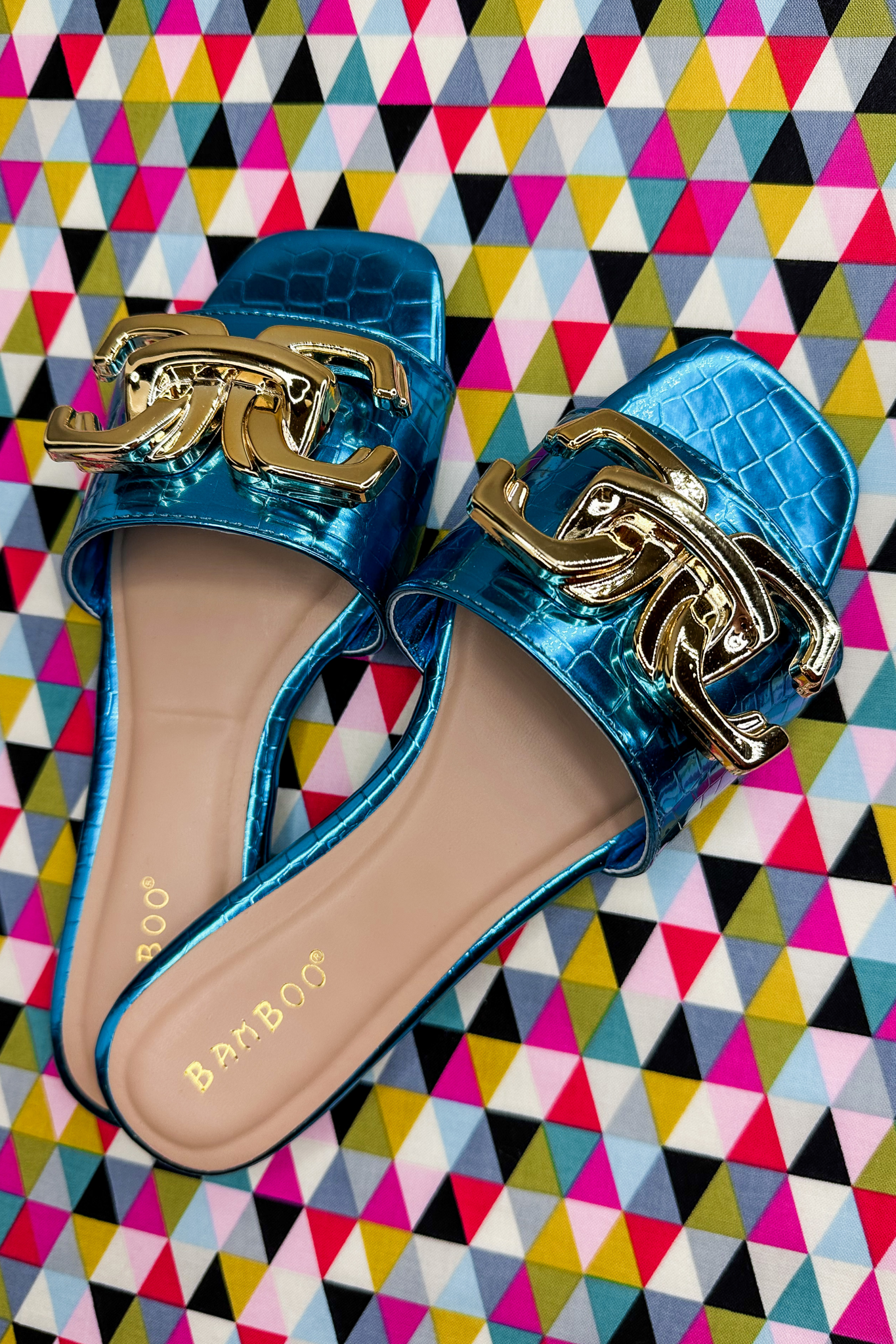 Slip On Leather Gold Chain Sandals in Blue Metallic