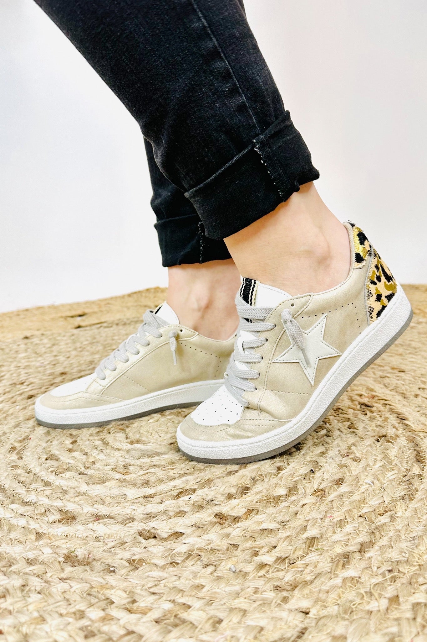 The Paz Gold Distressed Leopard Print Sneaker by ShuShop