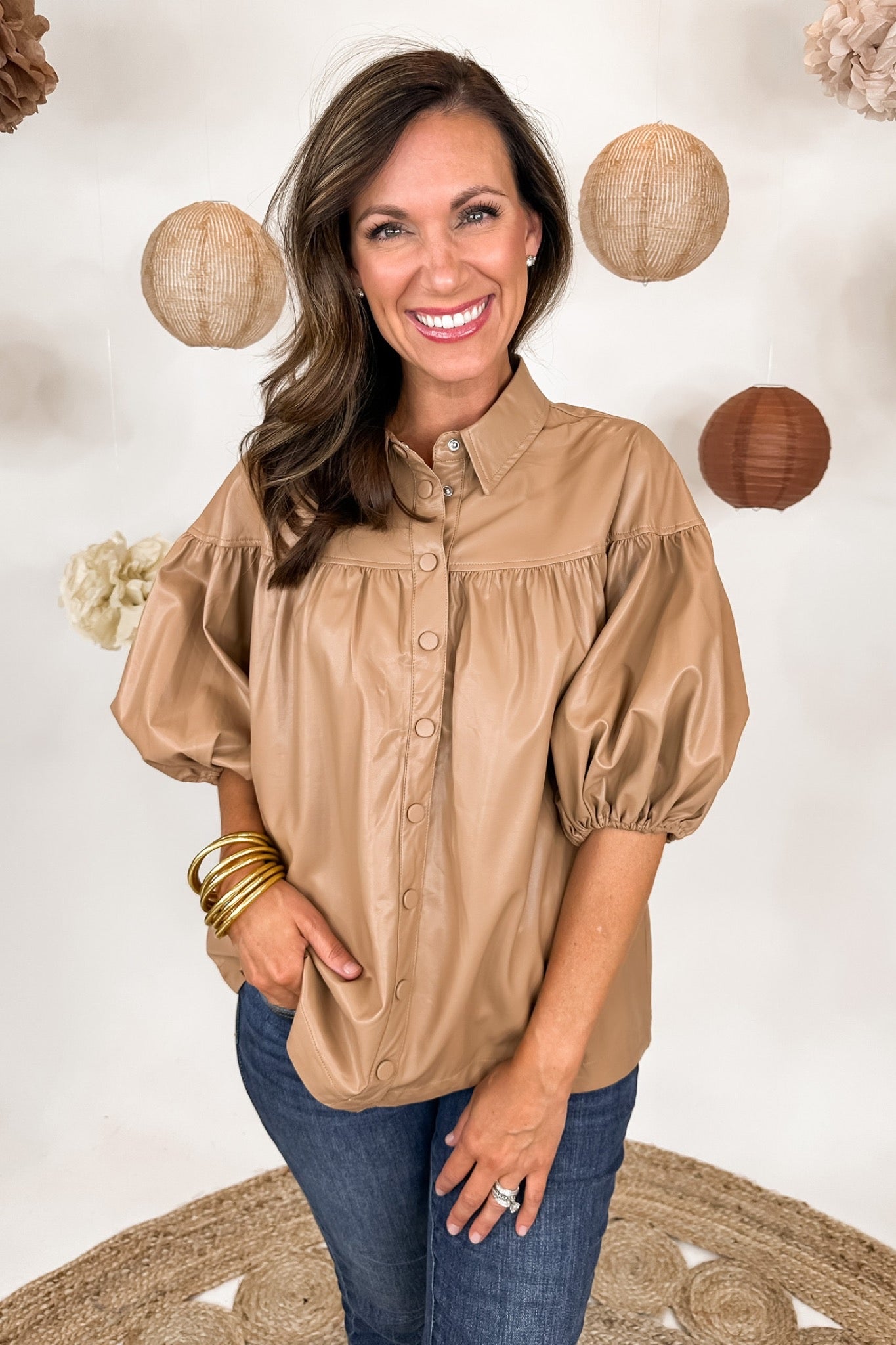 Leather Button Front Top with Bubble Sleeves in Beige