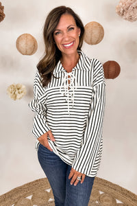 Tie Up Striped Collar Sweater