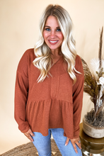 Load image into Gallery viewer, Notch Neck Knit Peplum Long Sleeve Top in Rust Orange