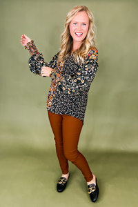 Mixed Print V Neck Balloon Sleeve Fall Top