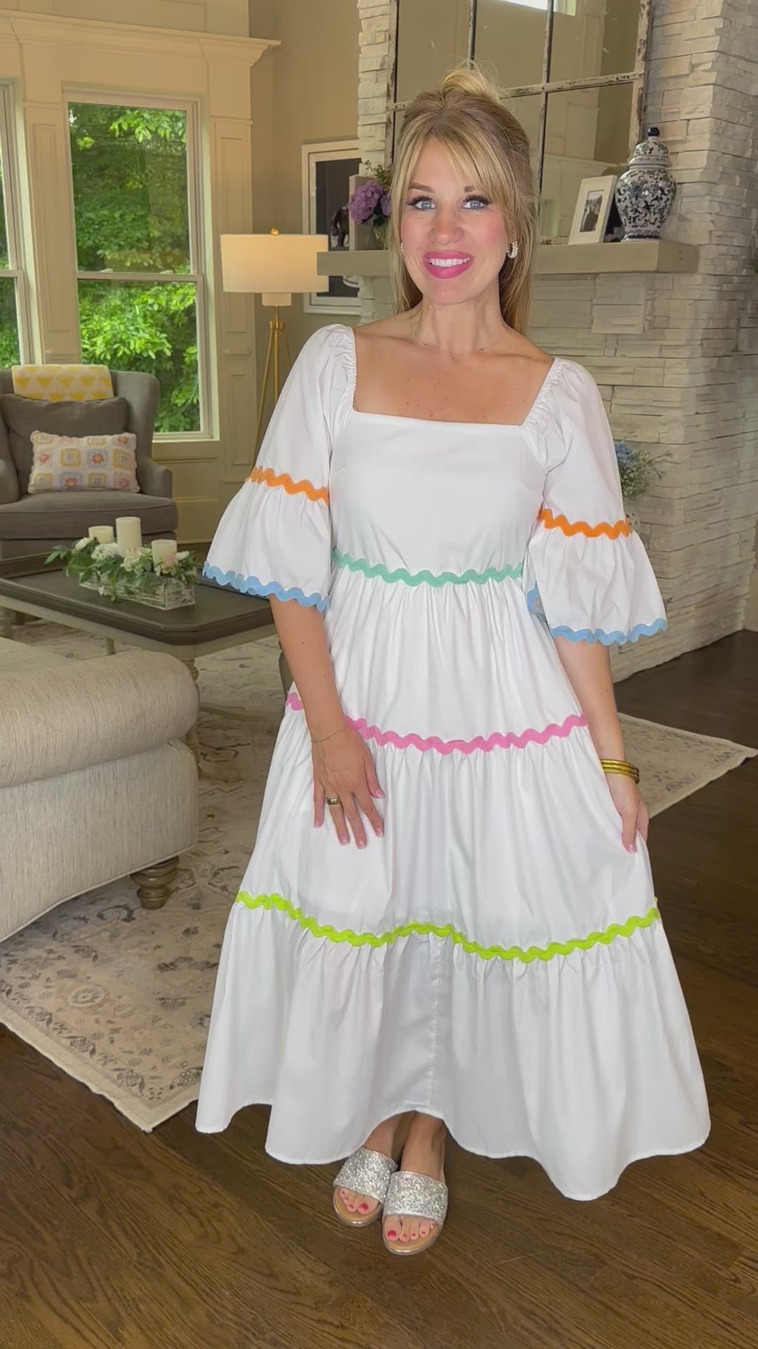 Colorful Ric Rac Trim White Tiered Midi Dress