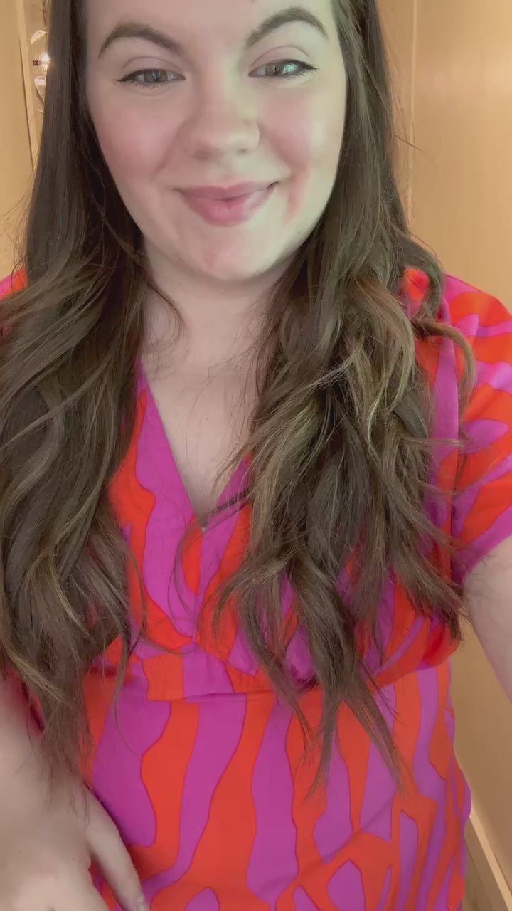 Wavy Pink Red Babydoll Faux Wrap Dress