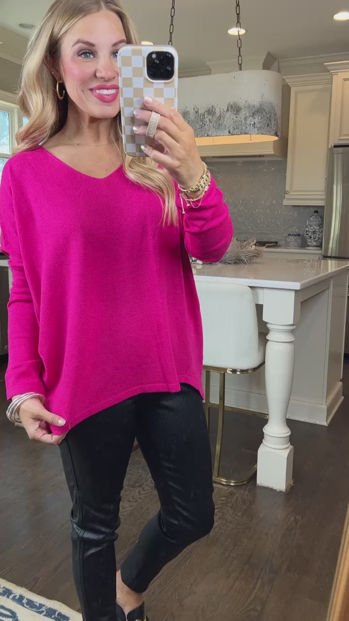 Rounded V Neck Dolman Sleeve Layering Top in Hot Pink