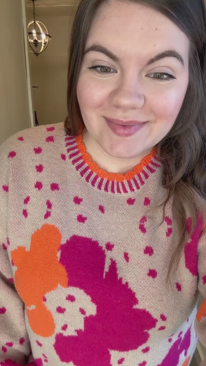 Spotted Pink, Orange, Taupe Mix Flower Sweater