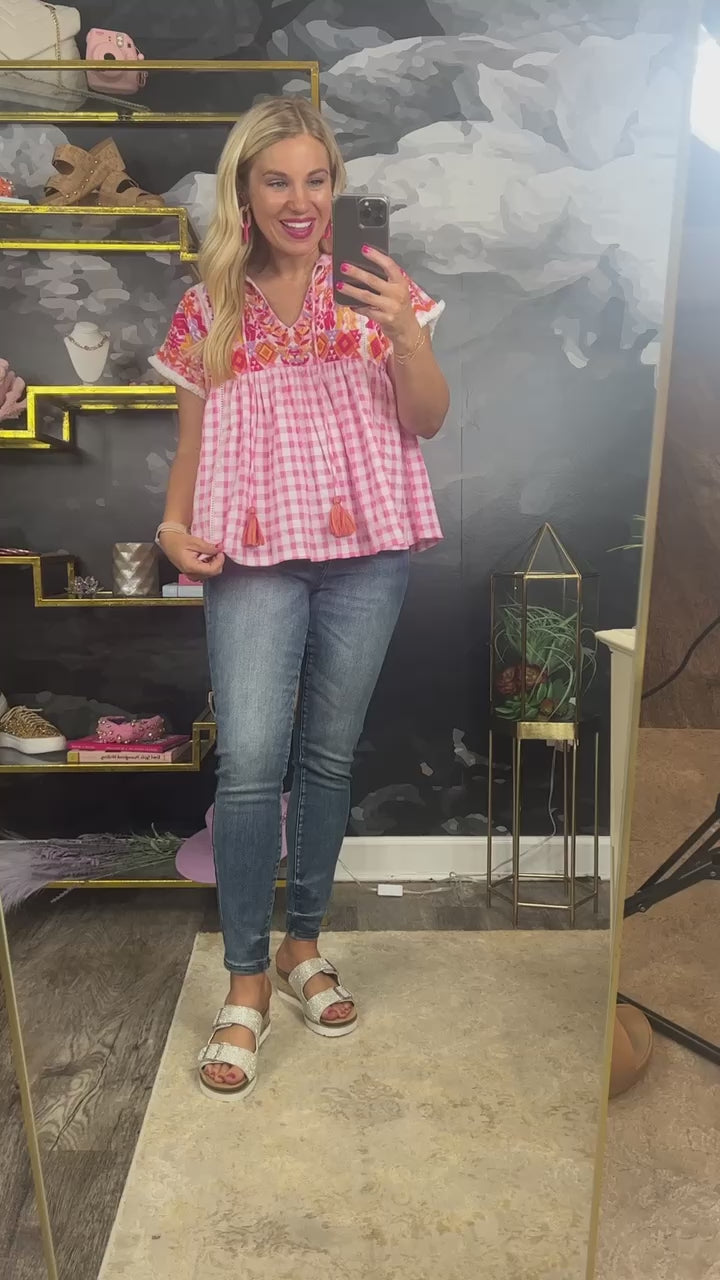 Embroidered Pink Gingham Top with Tassels by THML
