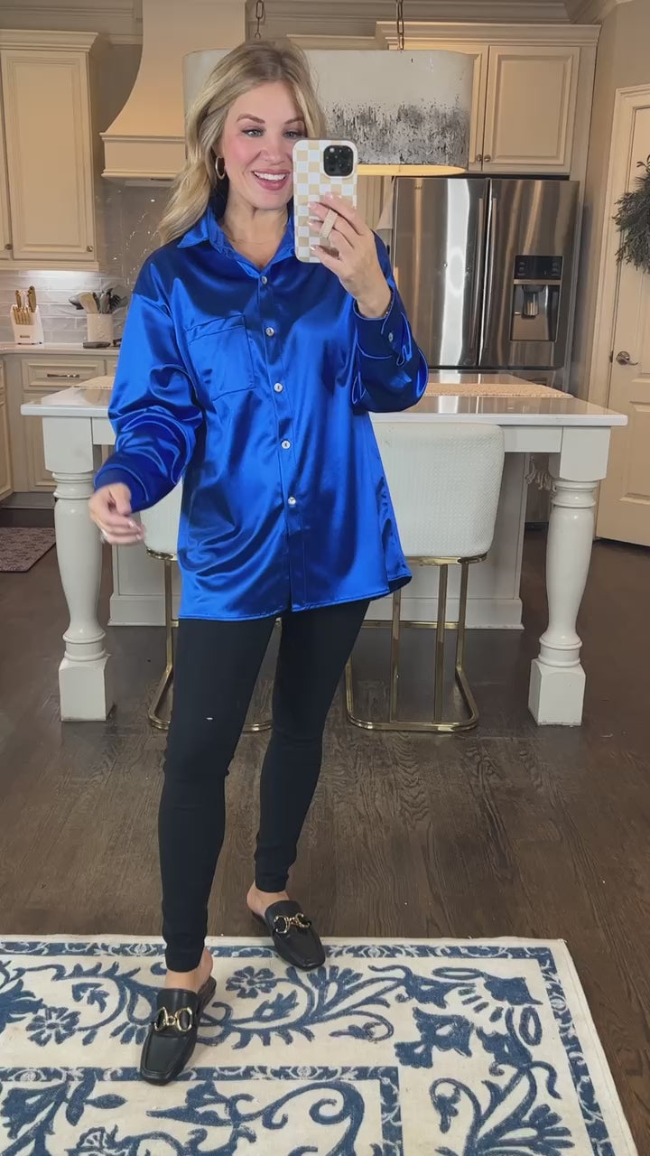 Satin Button Up Collared Top in Royal Blue