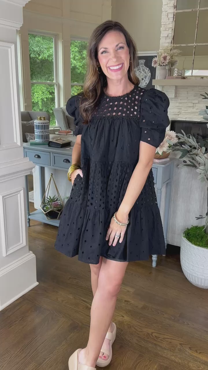 Black Bubble Floral Eyelet Lace Tiered Short Sleeve Dress