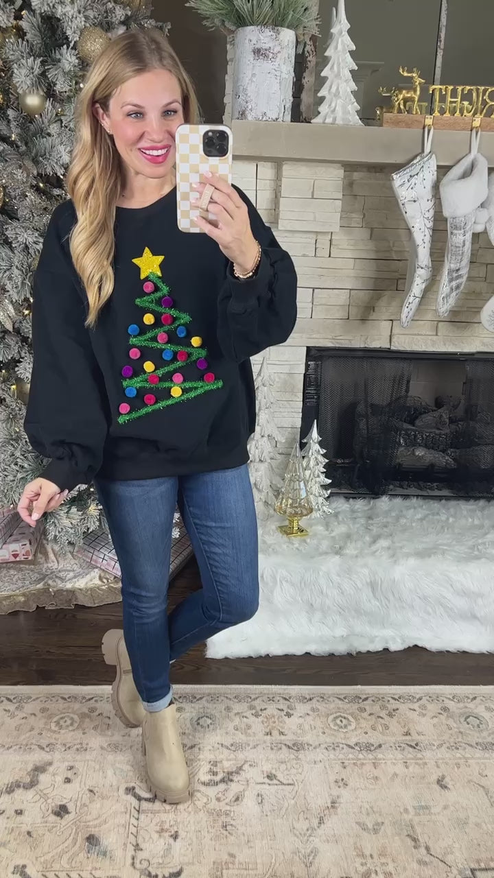 Sequin Star Pom Pom Tinsel Christmas Tree Sweater
