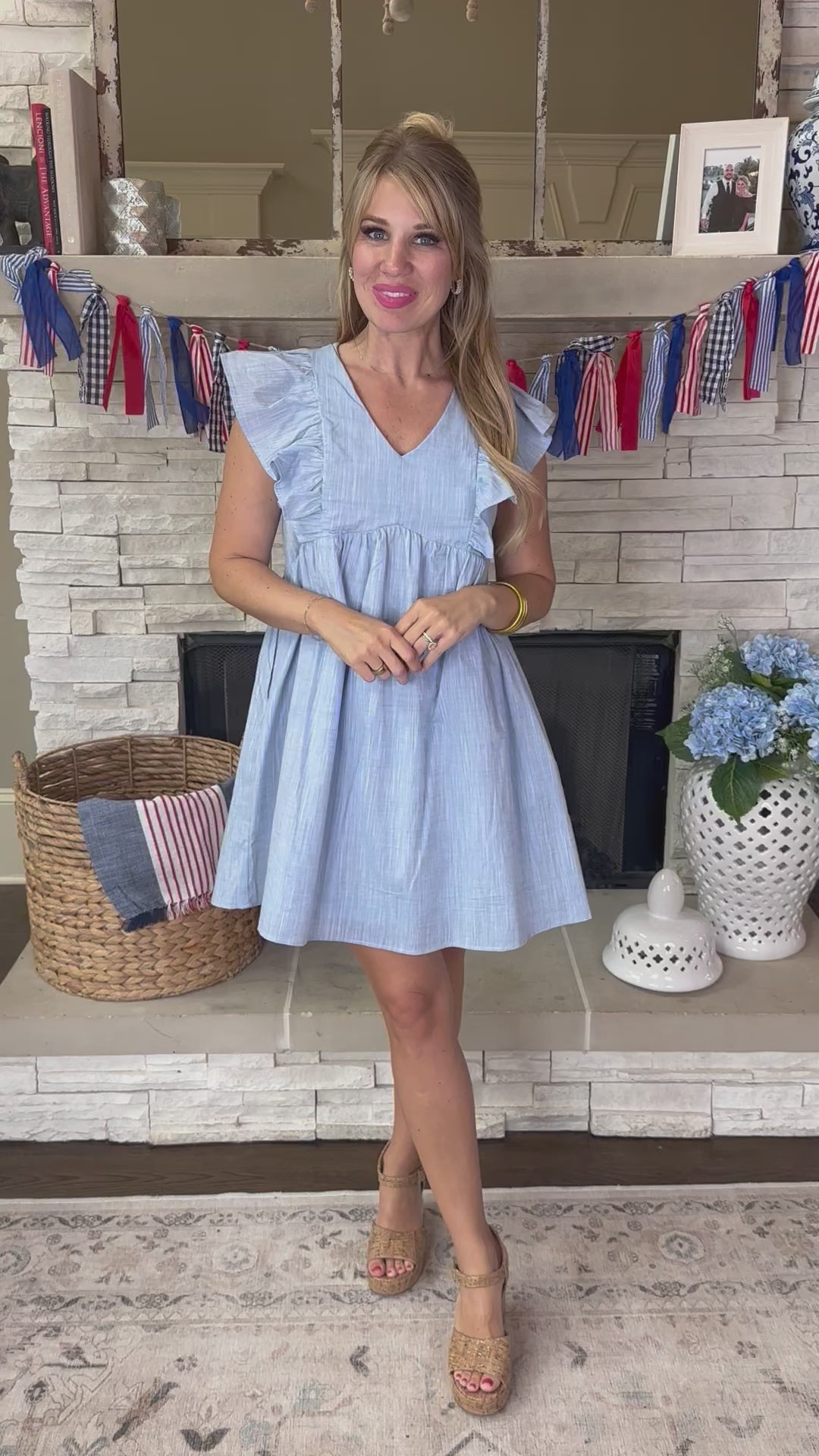Heathered Ruffle Pocketed Dress in Blue
