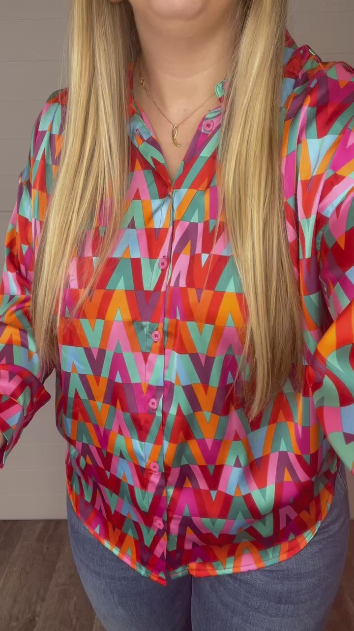 Colorful Geometric Satin Button Up Top