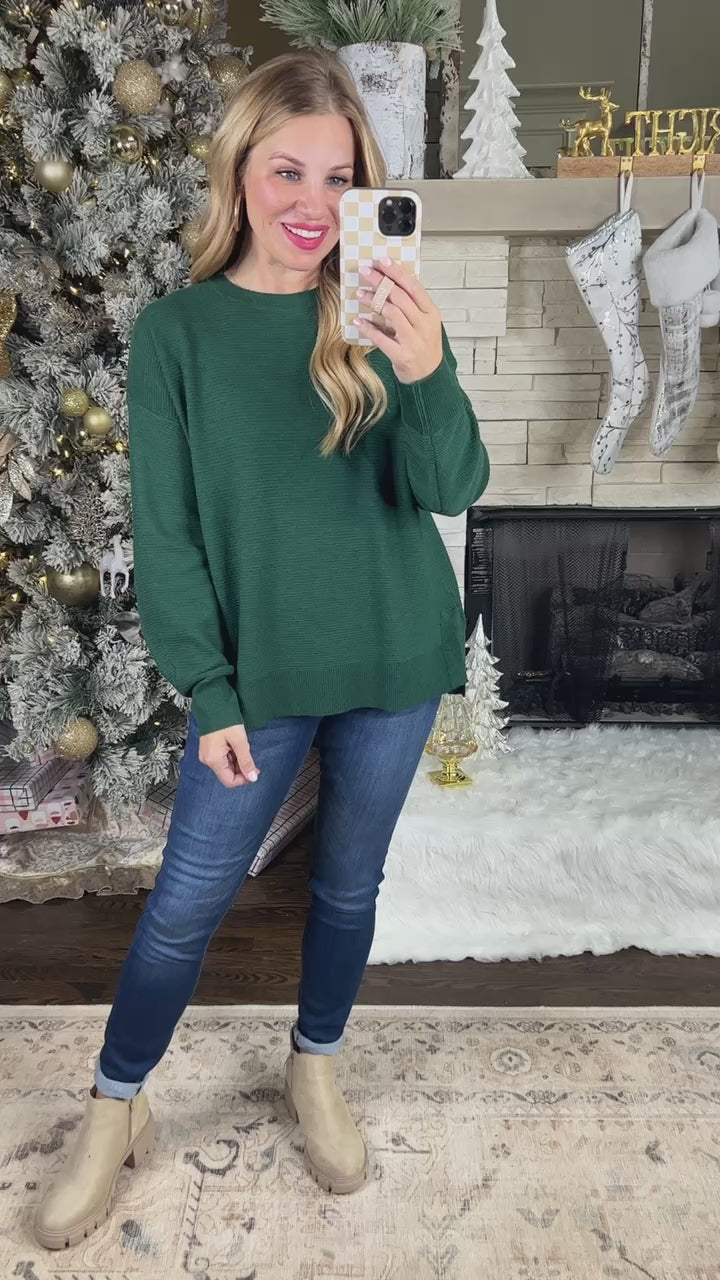 Ribbed Knit Crew Neck Sweater in Hunter